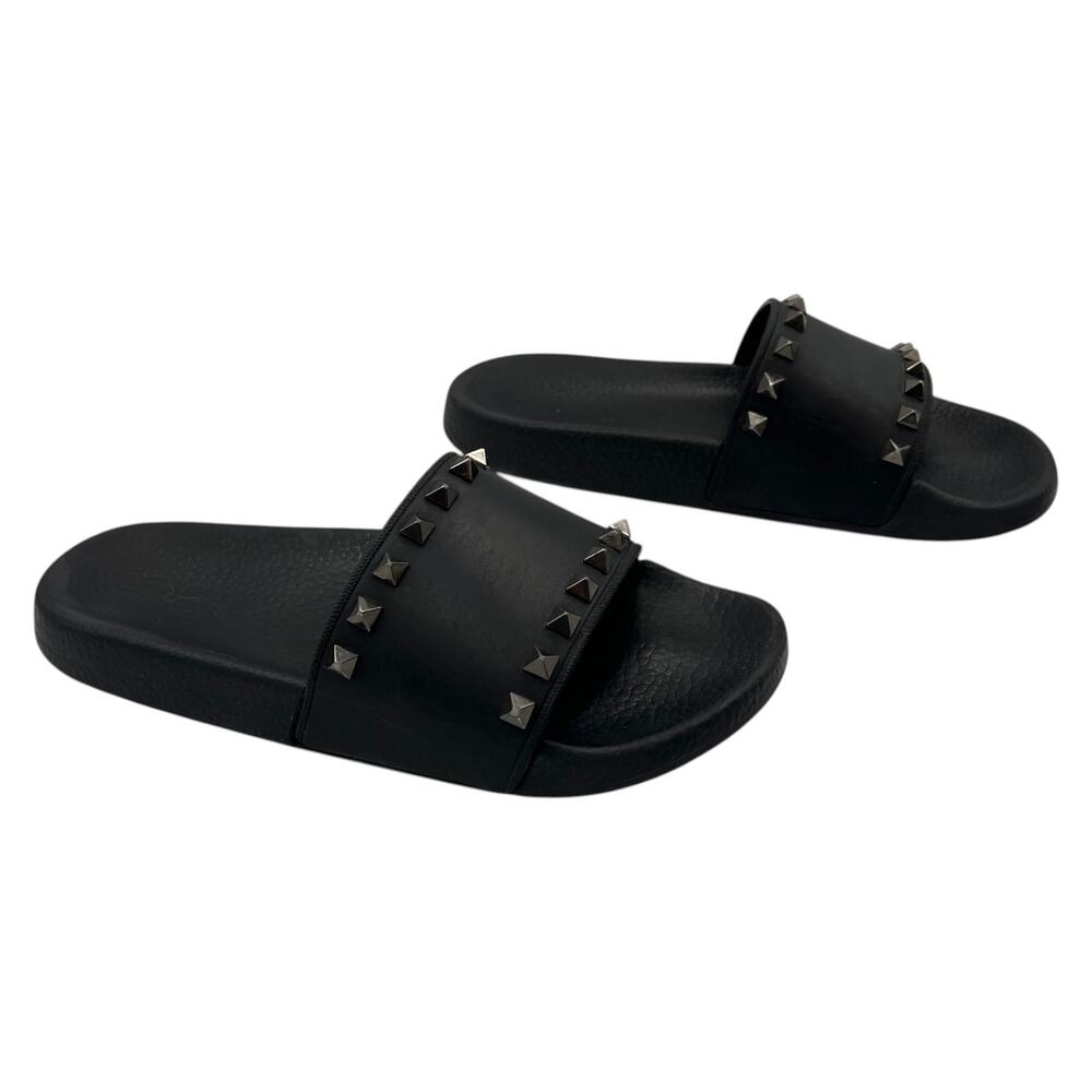 Valentino Garavani Slides Sandals Rockstud Rubber Summer Flat Black Size 6.5 - Picture 4 of 6